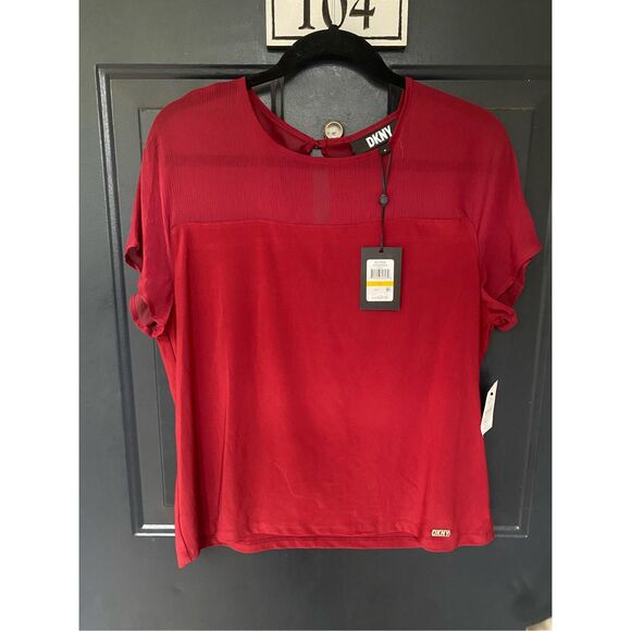 DKNY NWT Mesh Short Sleeve Red Shirt Blouse, Size Medium, MSRP $69 - Picture 1 of 12